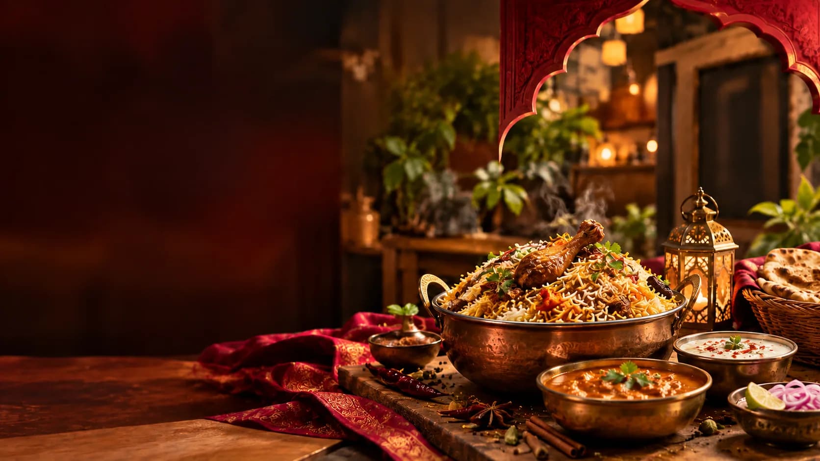 Chicken biryani in a copper pot with curry, raita and a glowing lantern